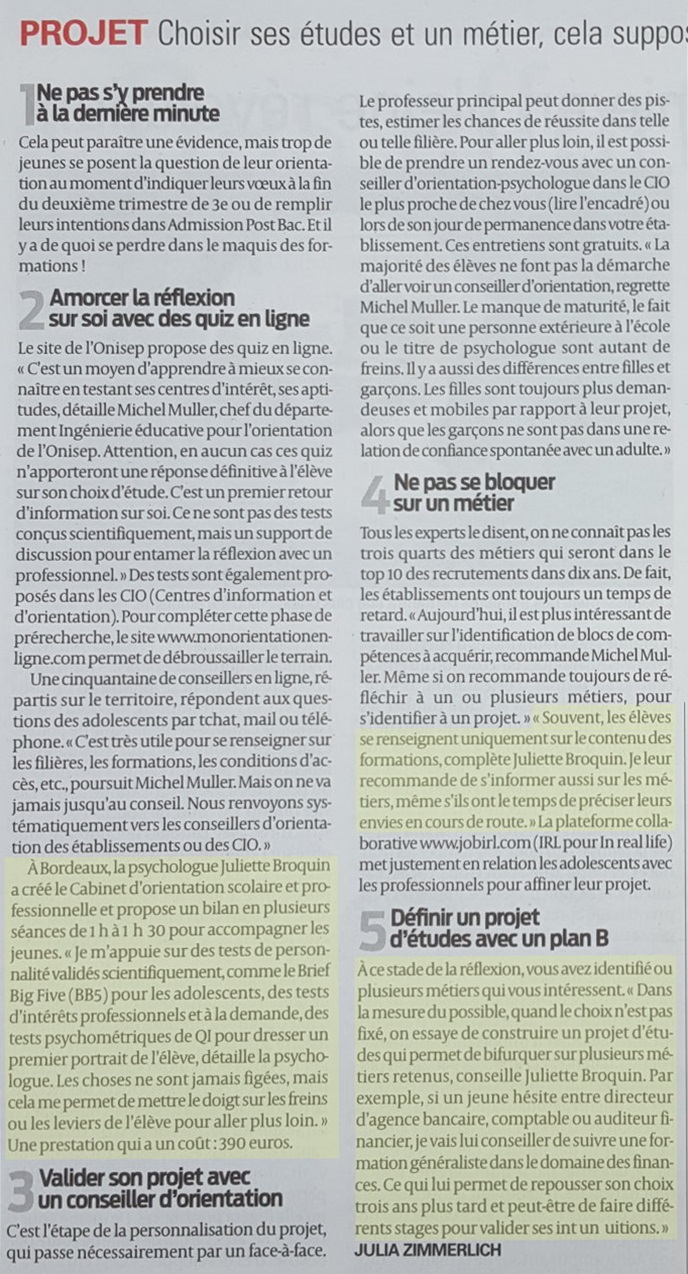 Revue de presse SUD OUEST bilan d'orientation scolaire, juliette Broquin, psychologue, 5 conseils pour bien s'orienter